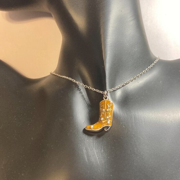 Cowboy Boot Necklace Cowgirl Brown Enamel Country Western Stainless Steel 24" - Picture 3 of 9